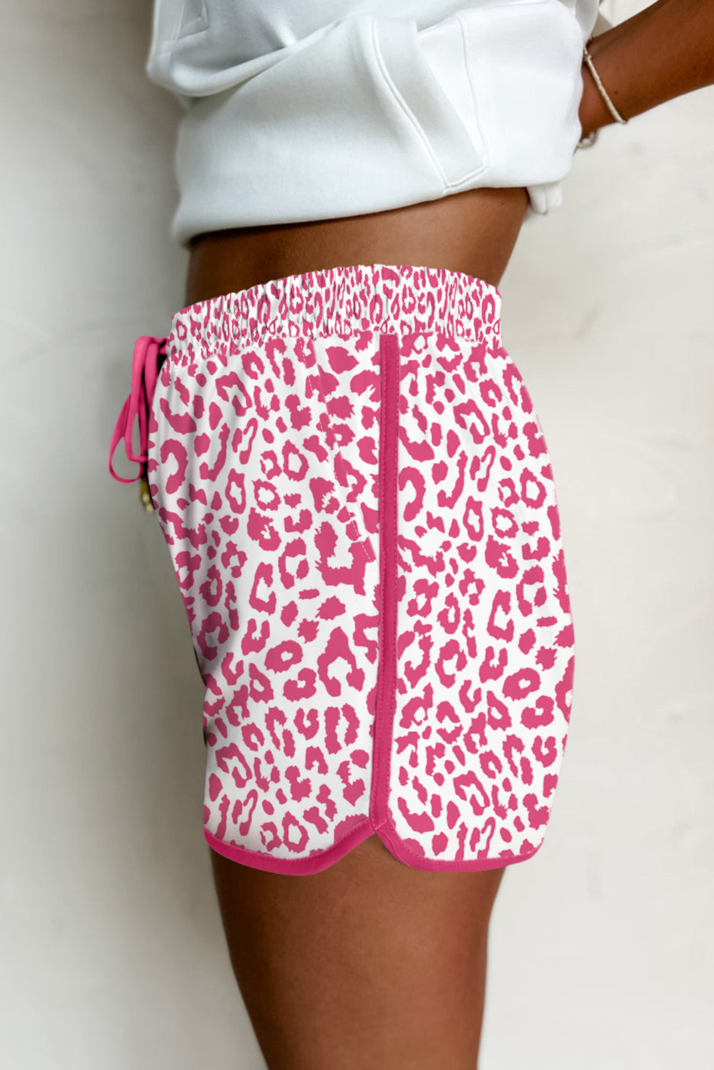 Pink Leopard Elastic Waist Lace up Contrast Trim Casual Shorts