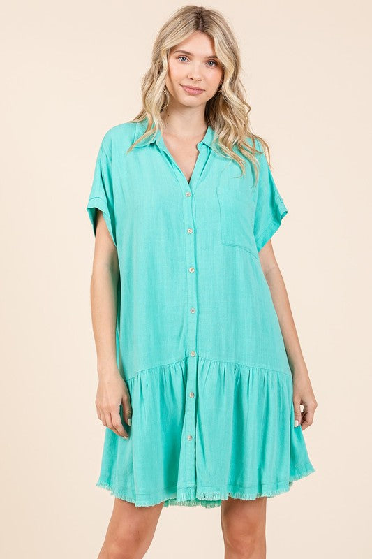 Summer Linen Blend Button Down Shirt Mini Dress for Women