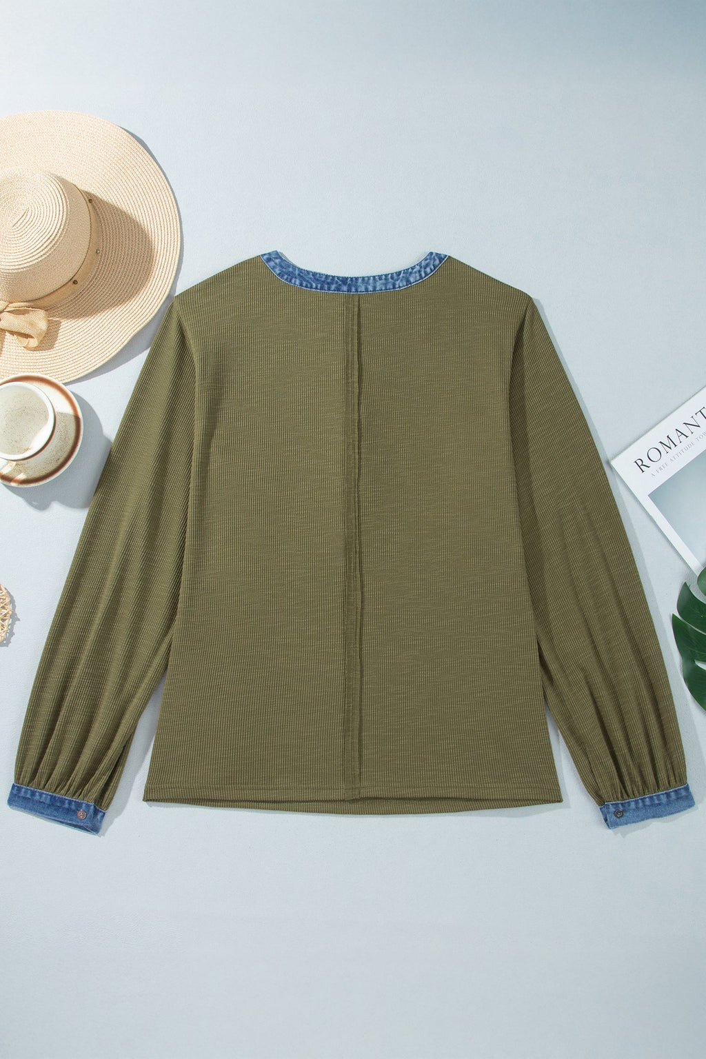 Plus Size Denim Contrast Trim Long Sleeve Henley Blouse