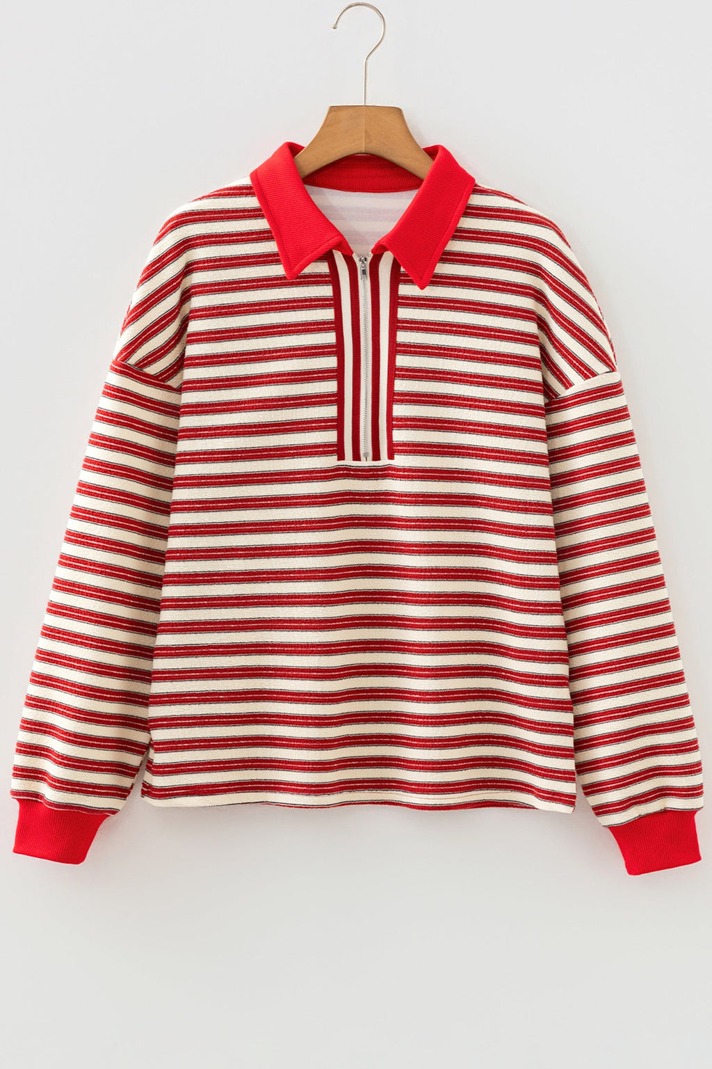 Stripe Contrast Zip Collared V-Neck Long Sleeve Top