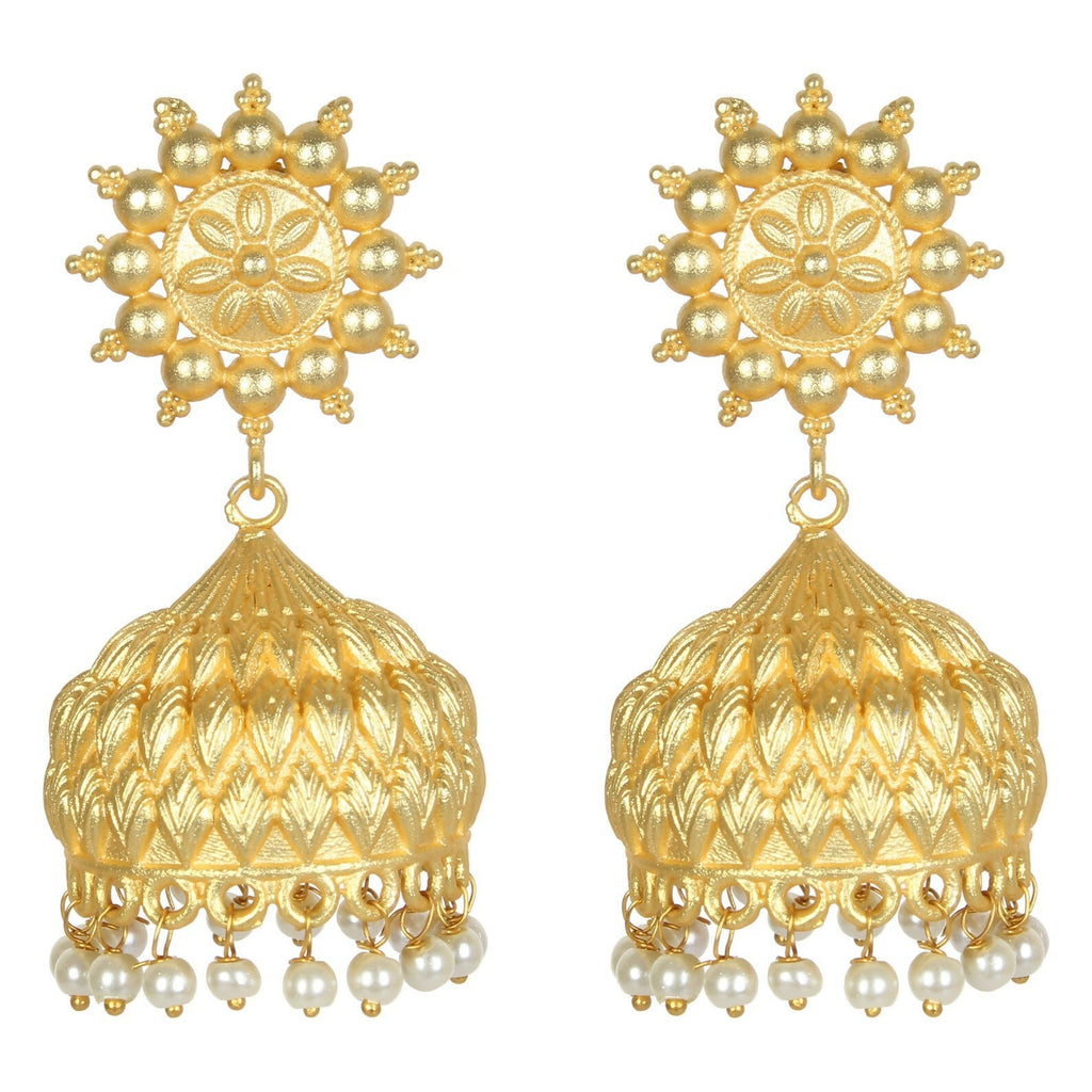 Matte Gold Brass Jhumka Earrings with Intricate Handcrafted Detail