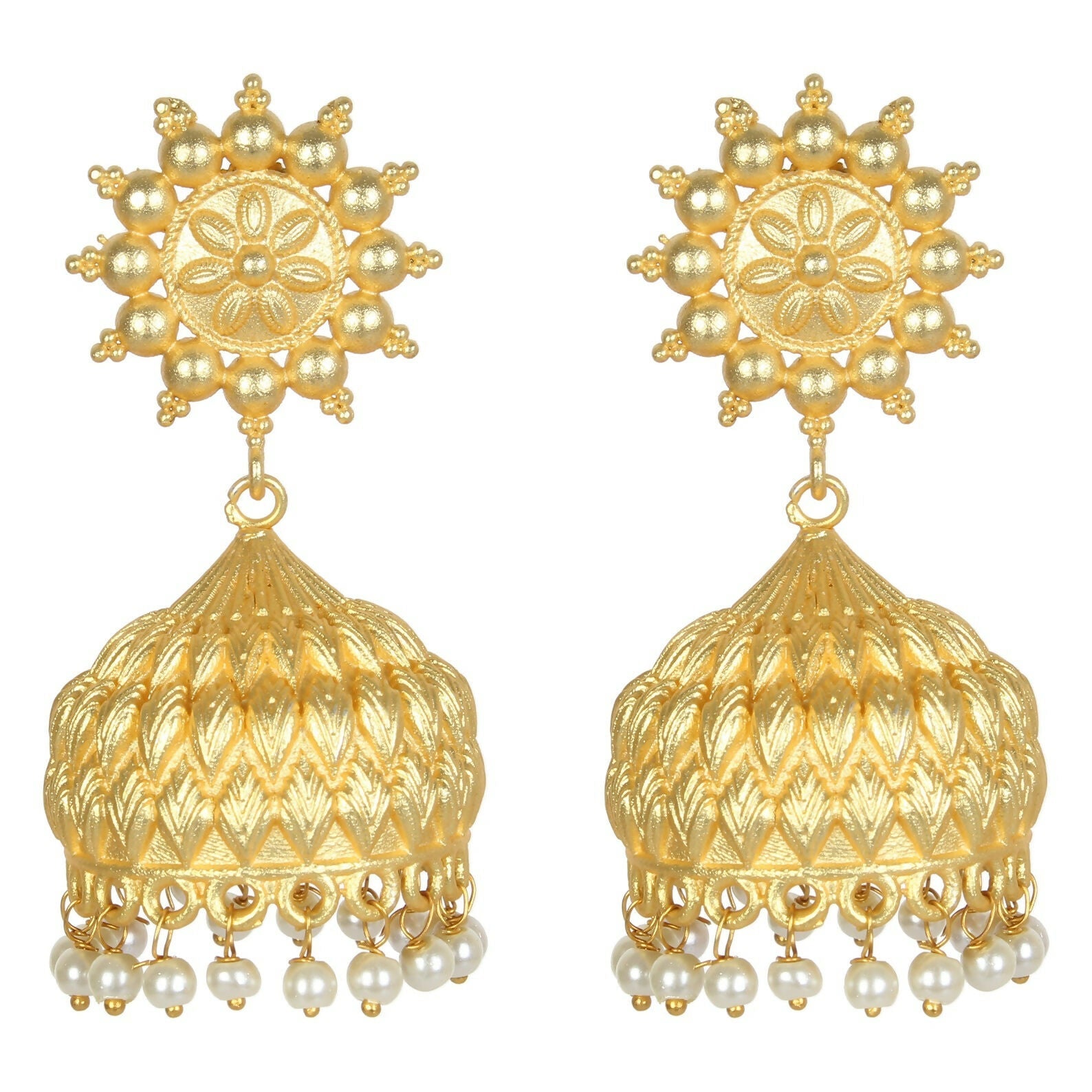 Matte Gold Brass Jhumka Earrings with Intricate Handcrafted Detail