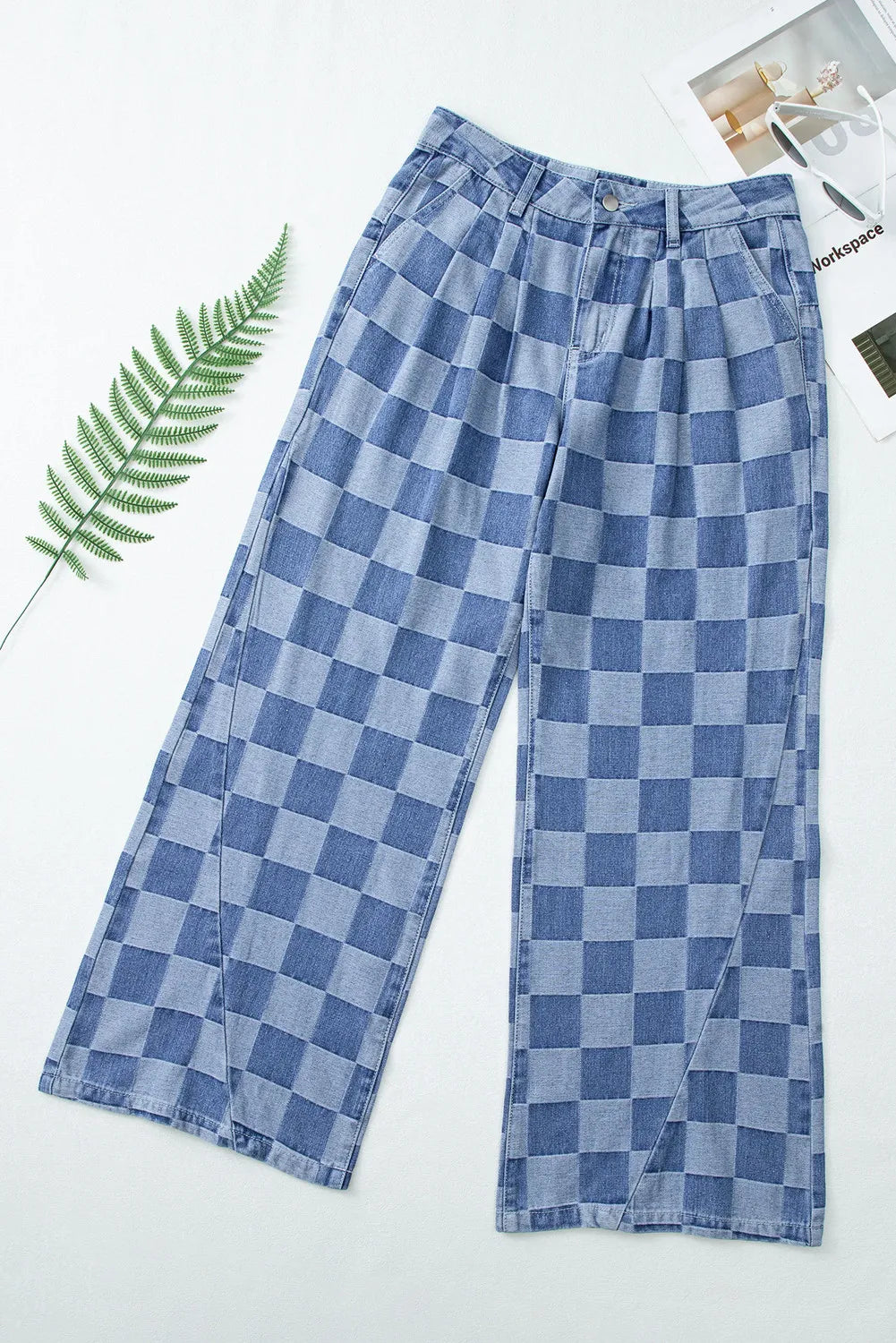 Checkered Wide Leg Jeans | Black & Grey High-Rise Denim