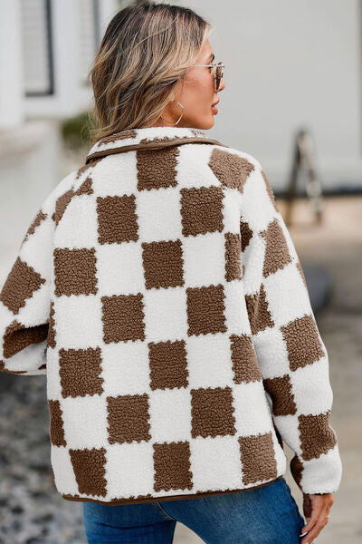 Women’s Checkered Snap Down Teddy Jacket in White and Brown