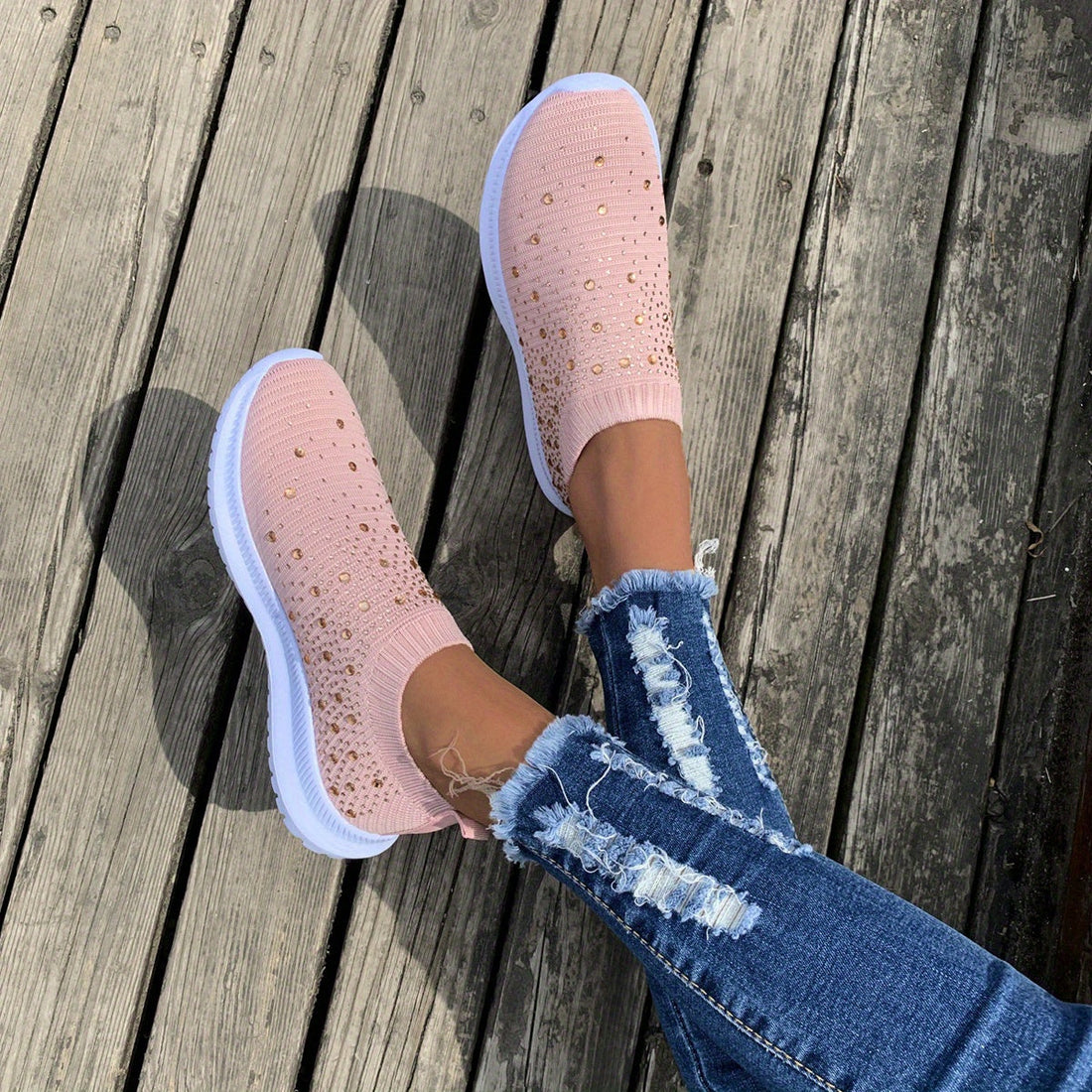 Women's Rhinestone Rainbow Color Block Breathable Mesh Sneakers - Image 18