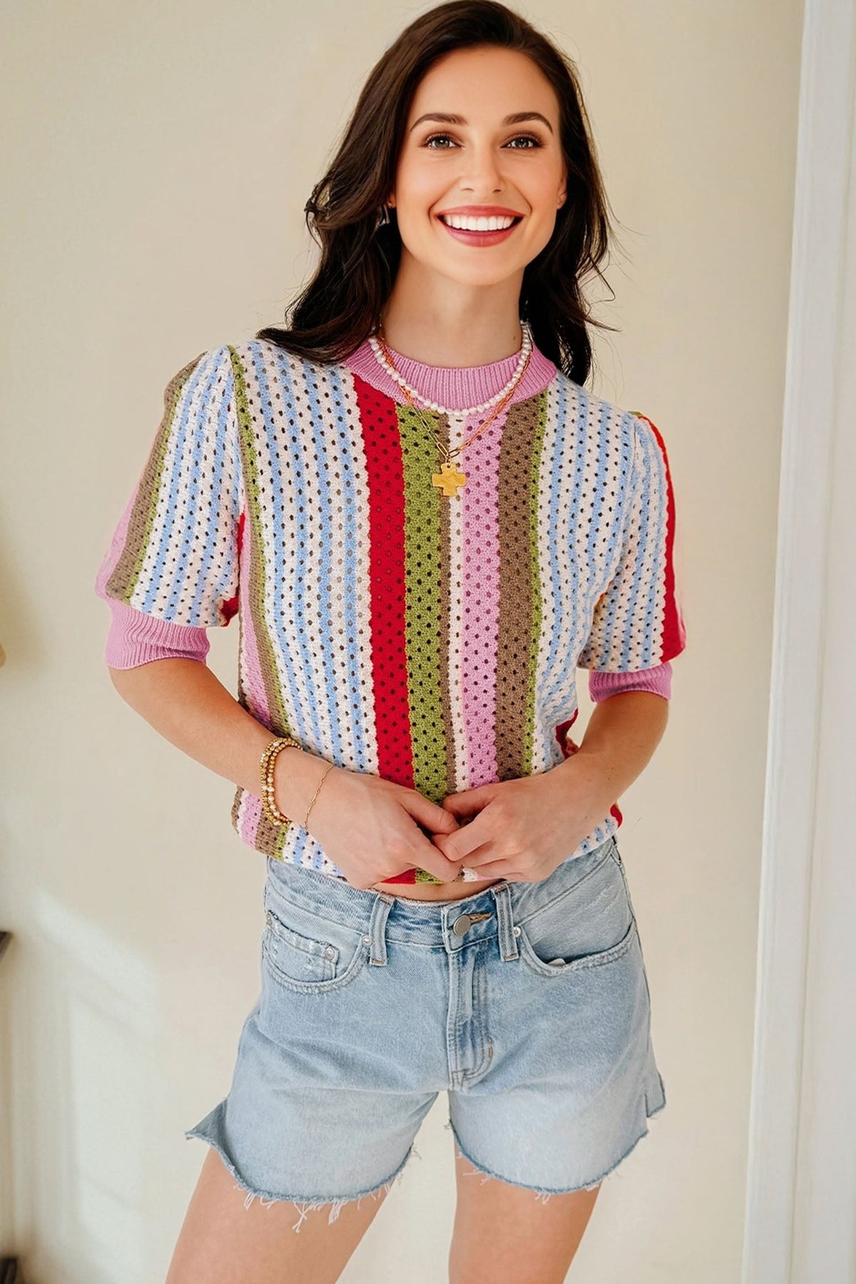 Stripe Pointelle Knit 3/4 Sleeve Sweater