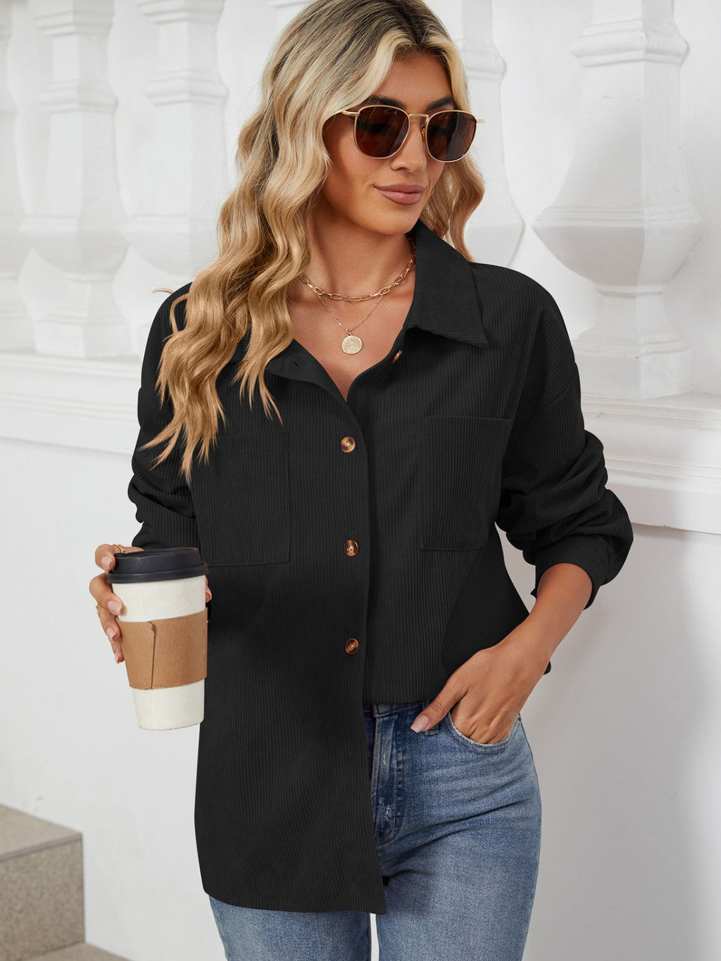 Rayon Button Up Dropped Shoulder Long Sleeve Shirt