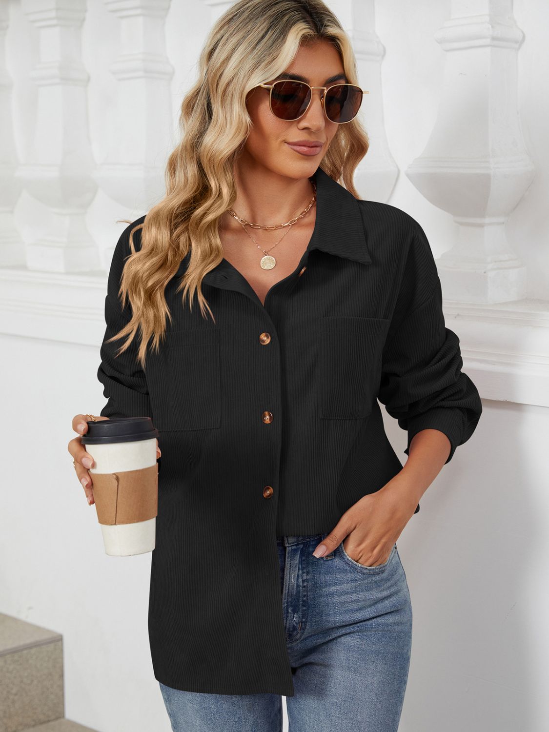 Rayon Button Up Dropped Shoulder Long Sleeve Shirt