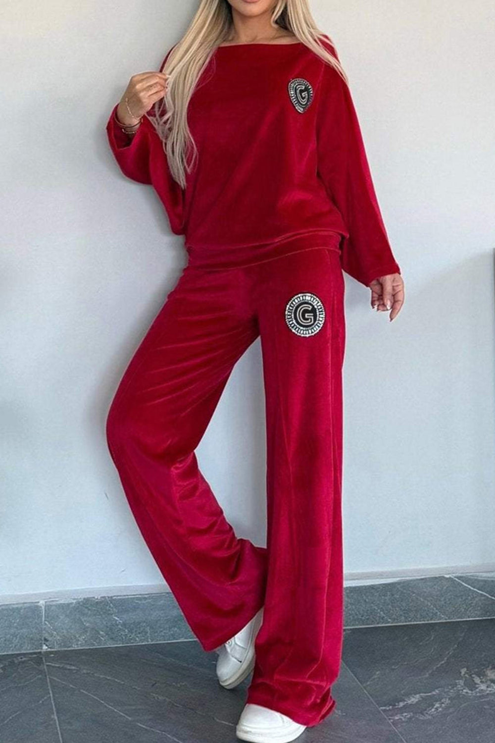 Boat Neck Velvet Loungewear Set | Long Sleeve Top & Pants