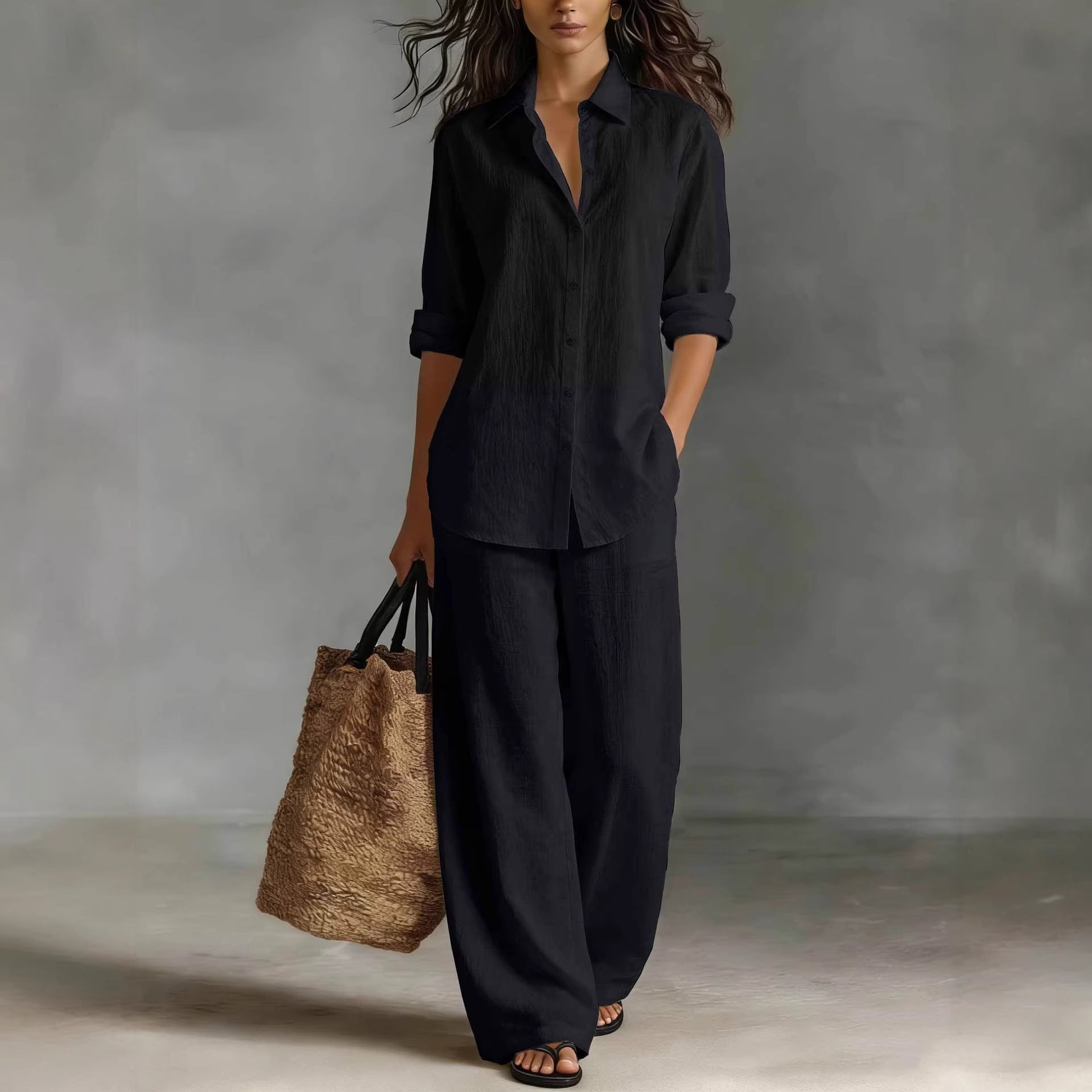 Women's Bohemian Cotton-Linen Button-Down Top and Pant Set - Image 5