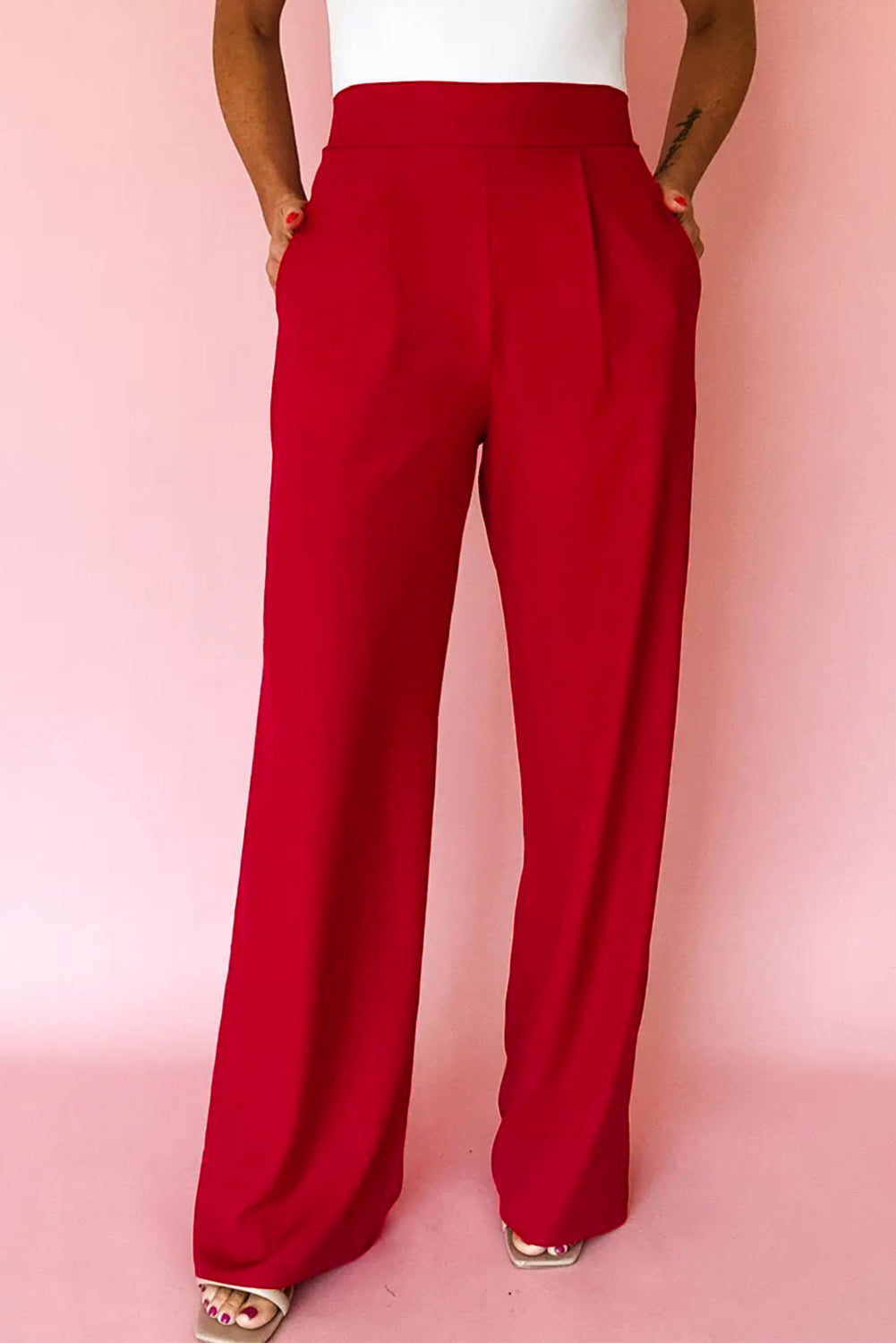 Fiery Red Pleated High Waist Pull On Loose Straight Pants