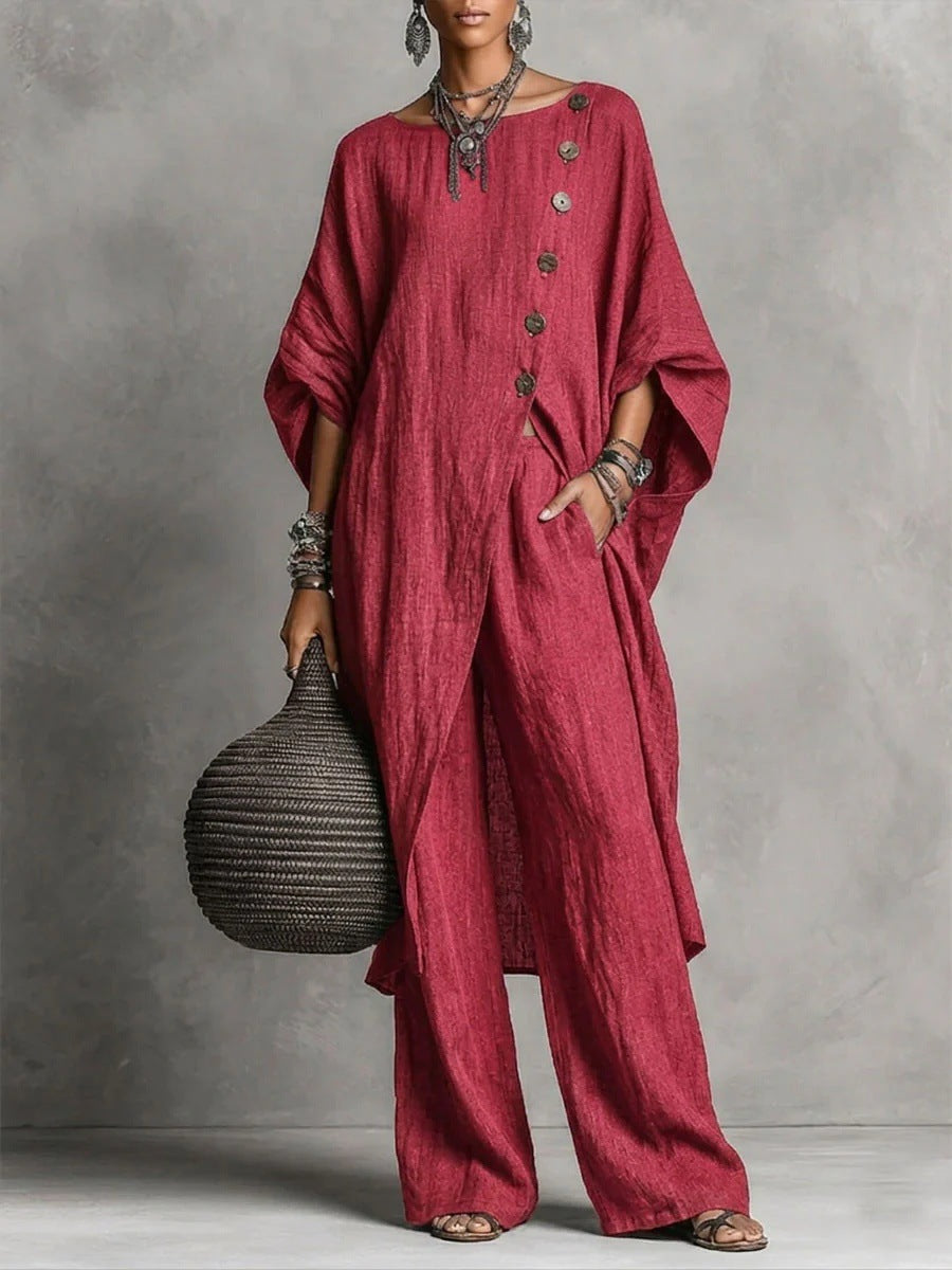 Women's Drop Shoulder Irregular Hem Tunic and Wide Leg Pants Set - Image 11
