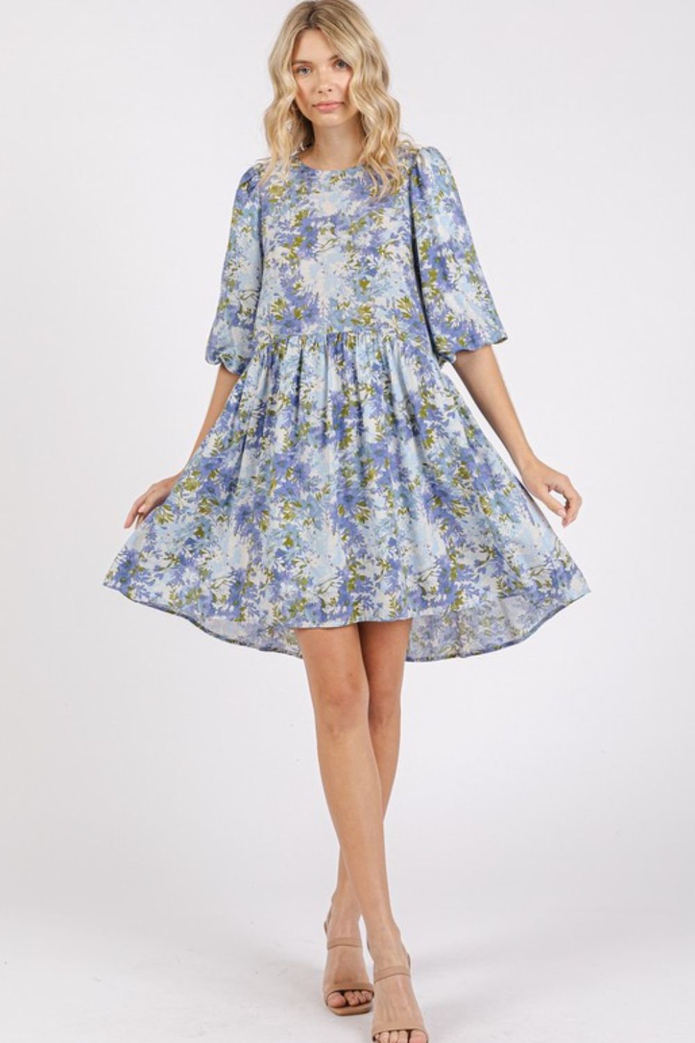 Floral Print Linen Blend Babydoll Mini Dress