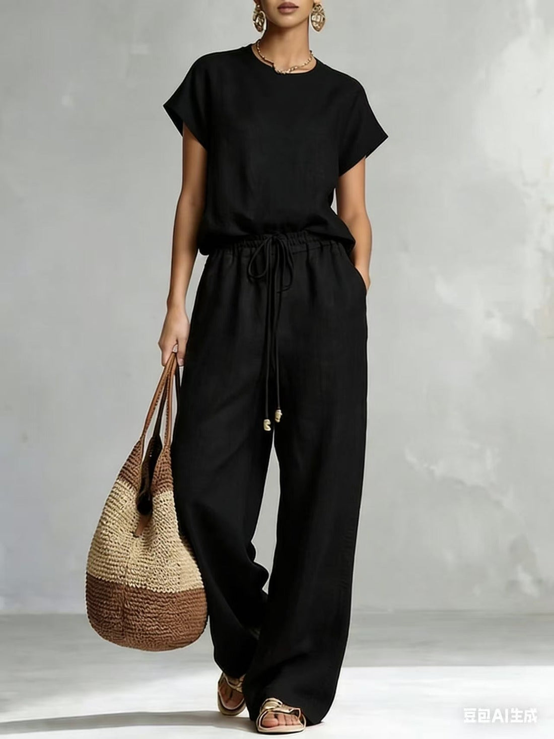 Women's Zip-Front Short Sleeve Top and Wide-Leg Pants Set - Image 6