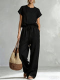 Women's Zip-Front Short Sleeve Top and Wide-Leg Pants Set - Image 6