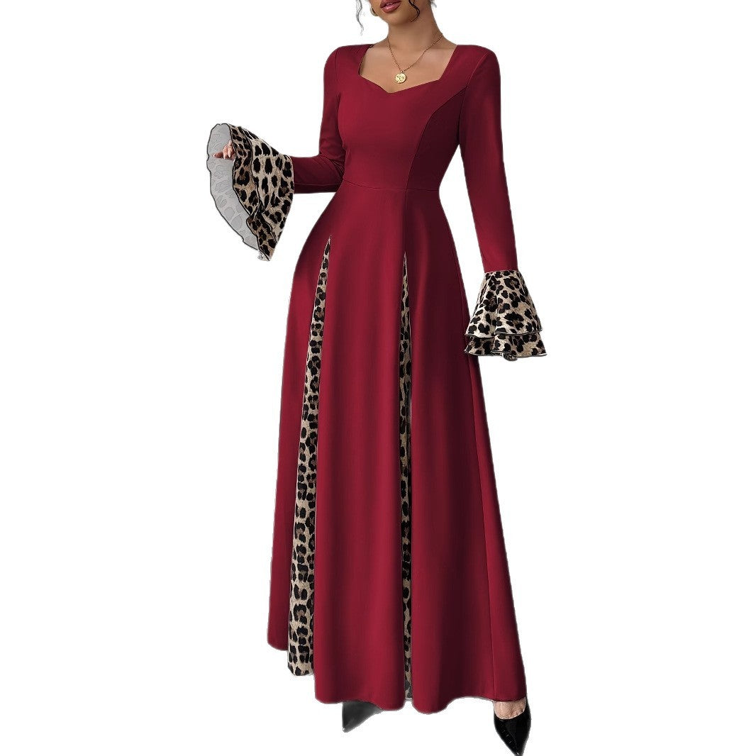 Burgundy Leopard Print Long Dress with Bell Sleeves