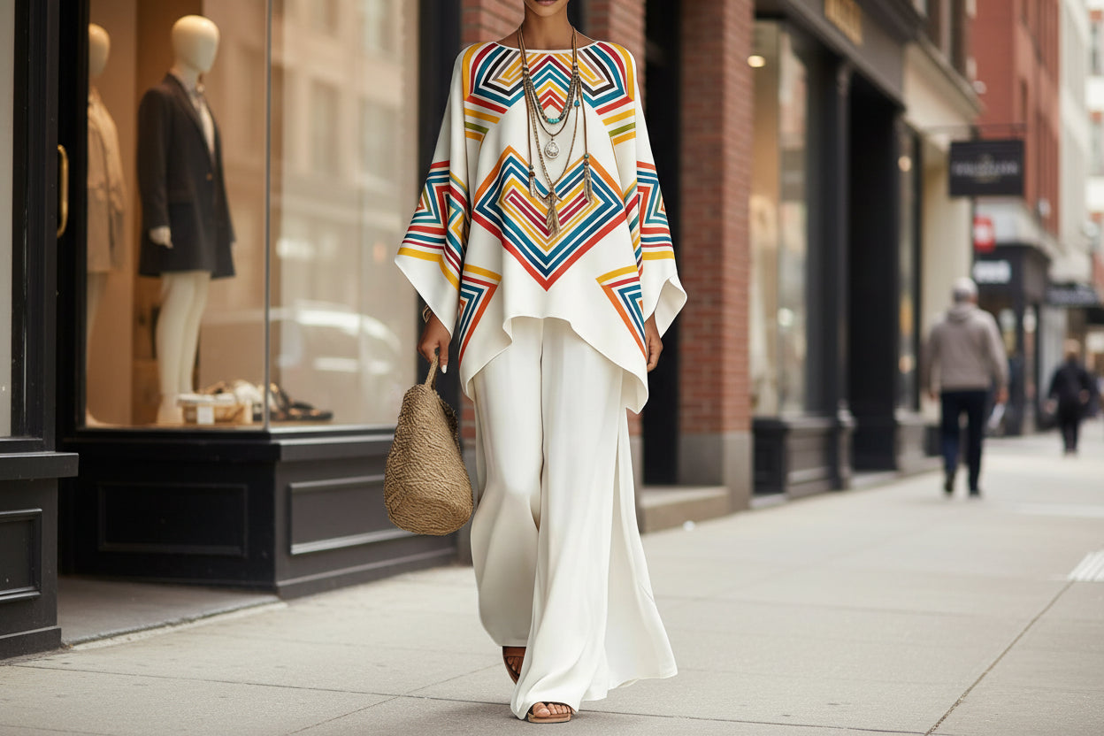 Women's Bohemian Printed Long Sleeve Top and Wide Leg Pant Set