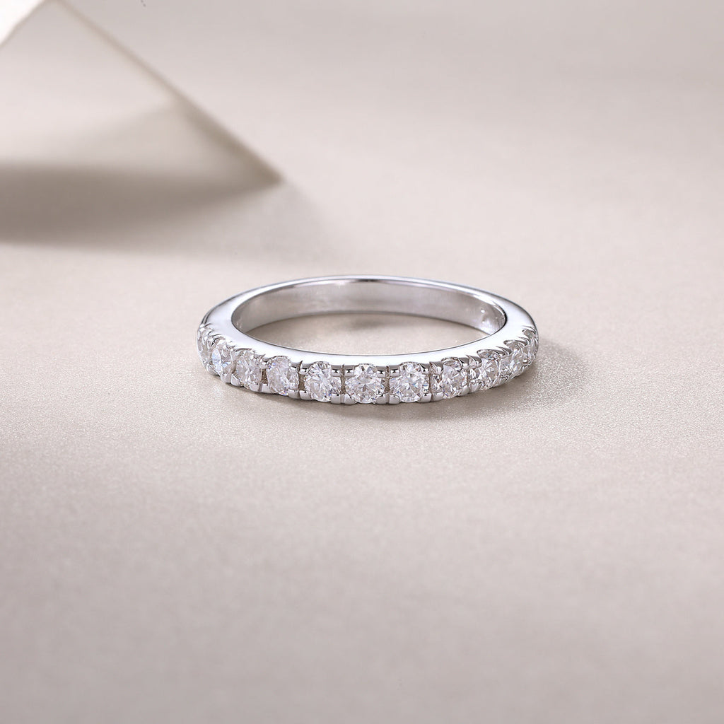 S925 Silver 2.6g Platinum Plated Moissanite Ring, 3.0mm 8pcs D VVS1 Half Eternity Band, GRA Certified US 5-9
