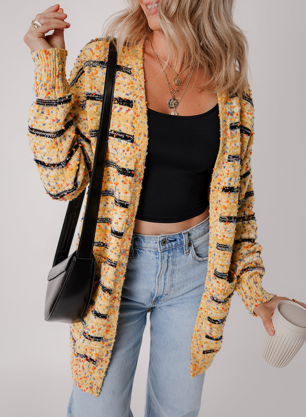 Yellow Striped Pom Pom Knit Open Front Long Cardigan Sweater