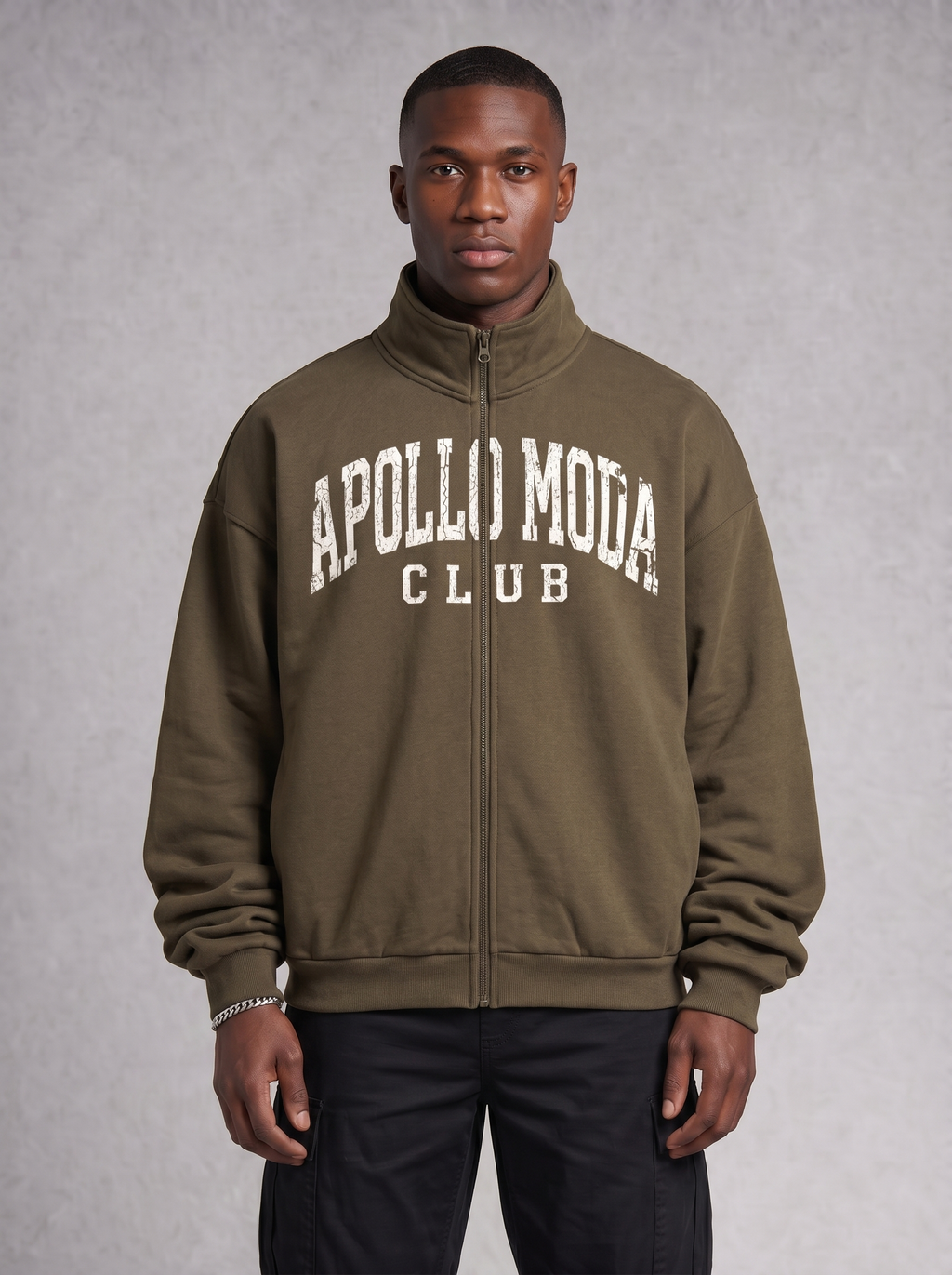 Olive green oversized full-zip sweatshirt with stand collar and knit cotton fabric