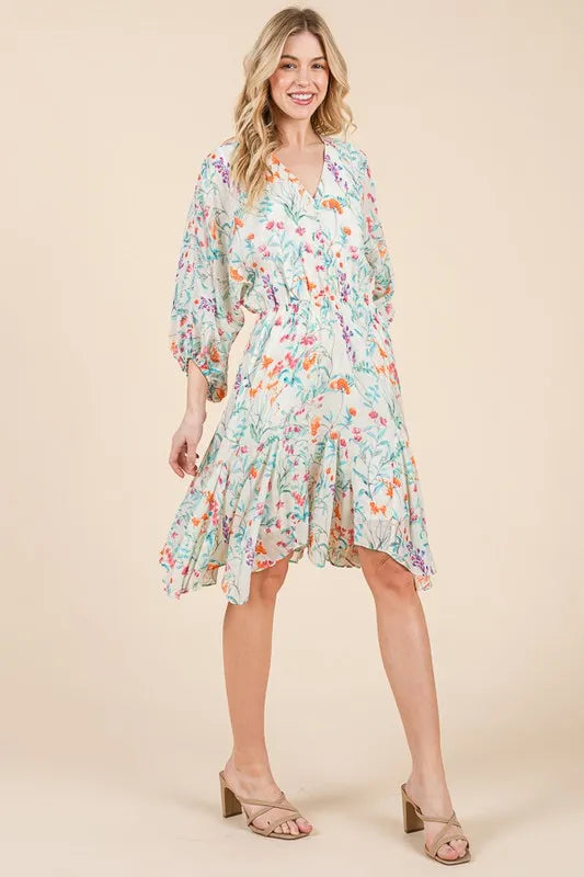 Lime 'N' Chili Floral Cinched Waist Balloon Sleeve V-Neck Dress