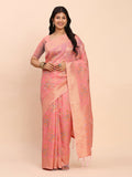 Peach Linen Cotton saree with matching blouse fabric lightweight ethnic wear