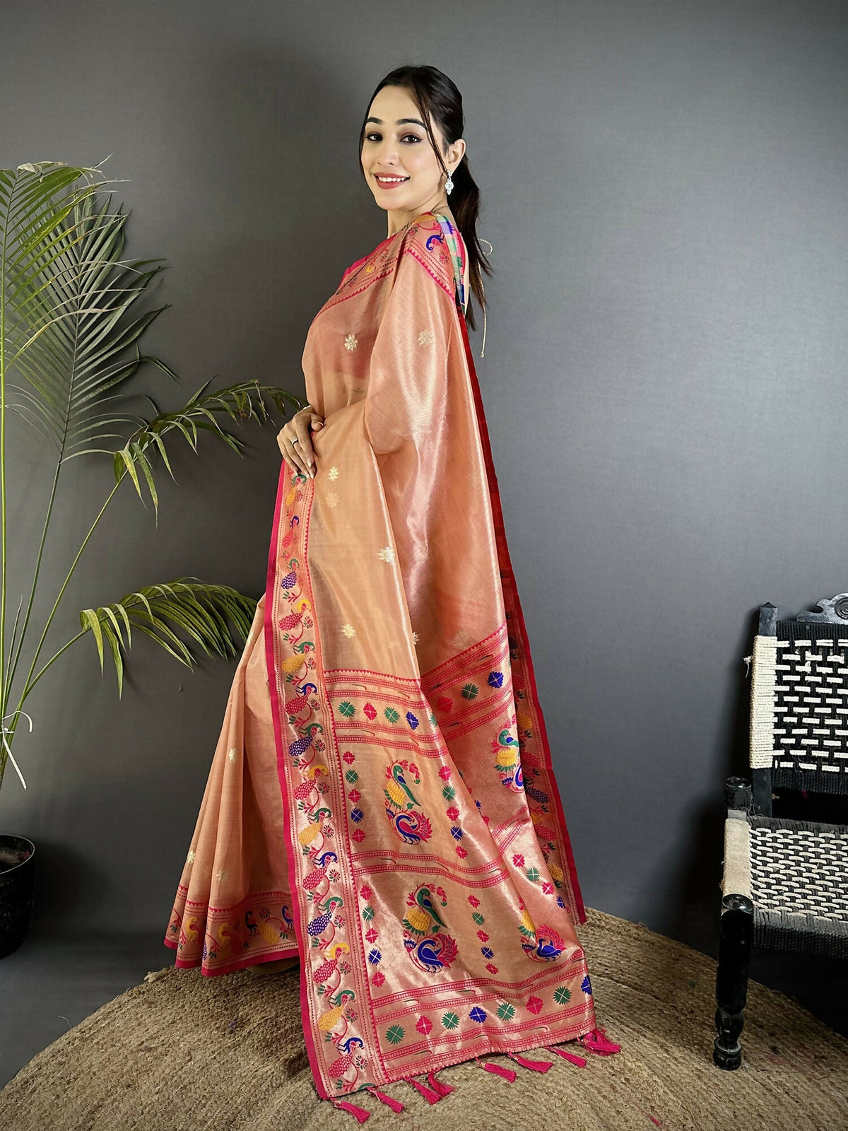 Dark Peach Tissue Paithani Saree with Traditional Zari Weaving