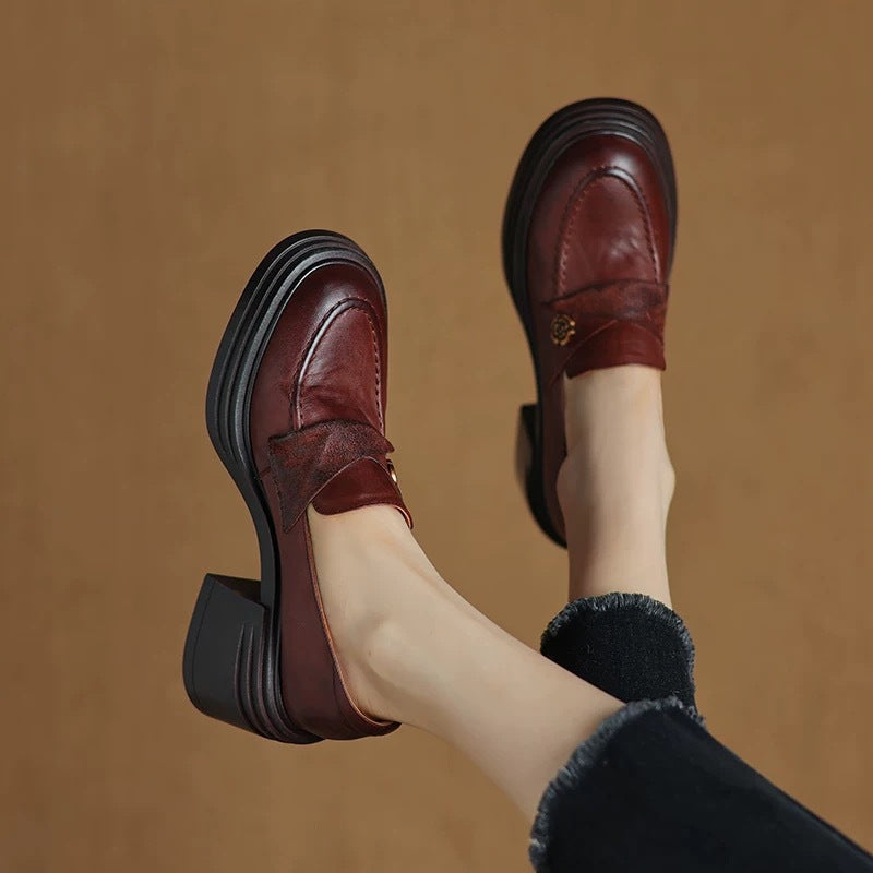 Women’s Vintage Maroon Leather Chunky Heel Loafers Retro Style - Image 2