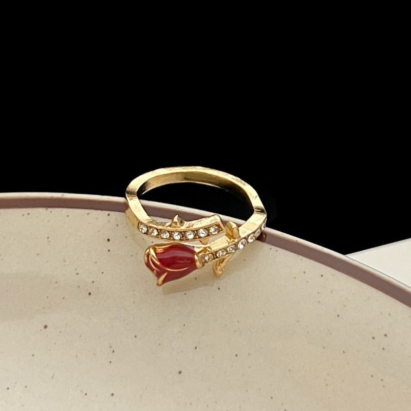 Enamel Red Rose Ring For Women, Light Luxury New Year Index Finger Ring, Open Adjustable Niche Design Delicate Ring