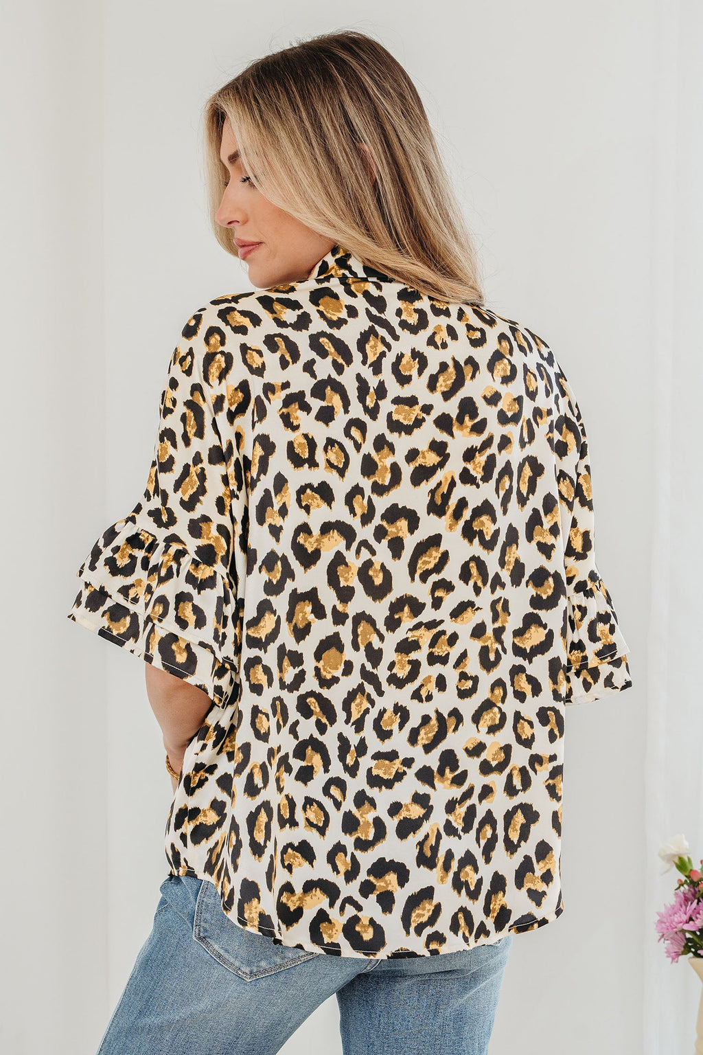 Leopard Ruffle Trim 3/4 Sleeve Loose Shirt