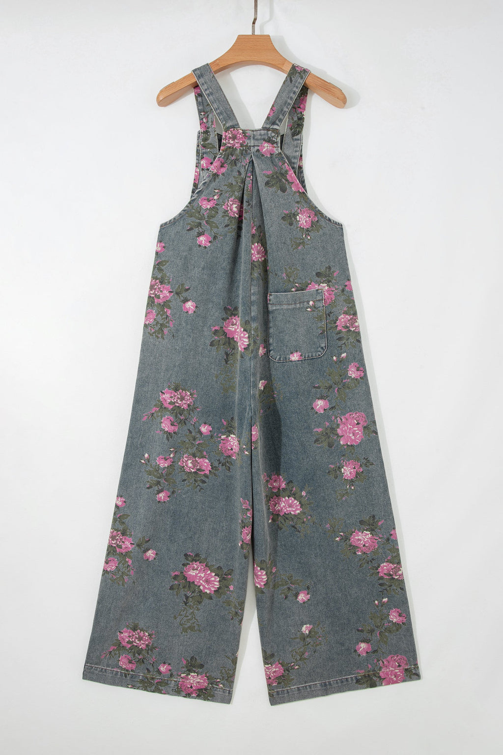 Floral Pleated High Waist Wide Leg Denim Jumpsuit