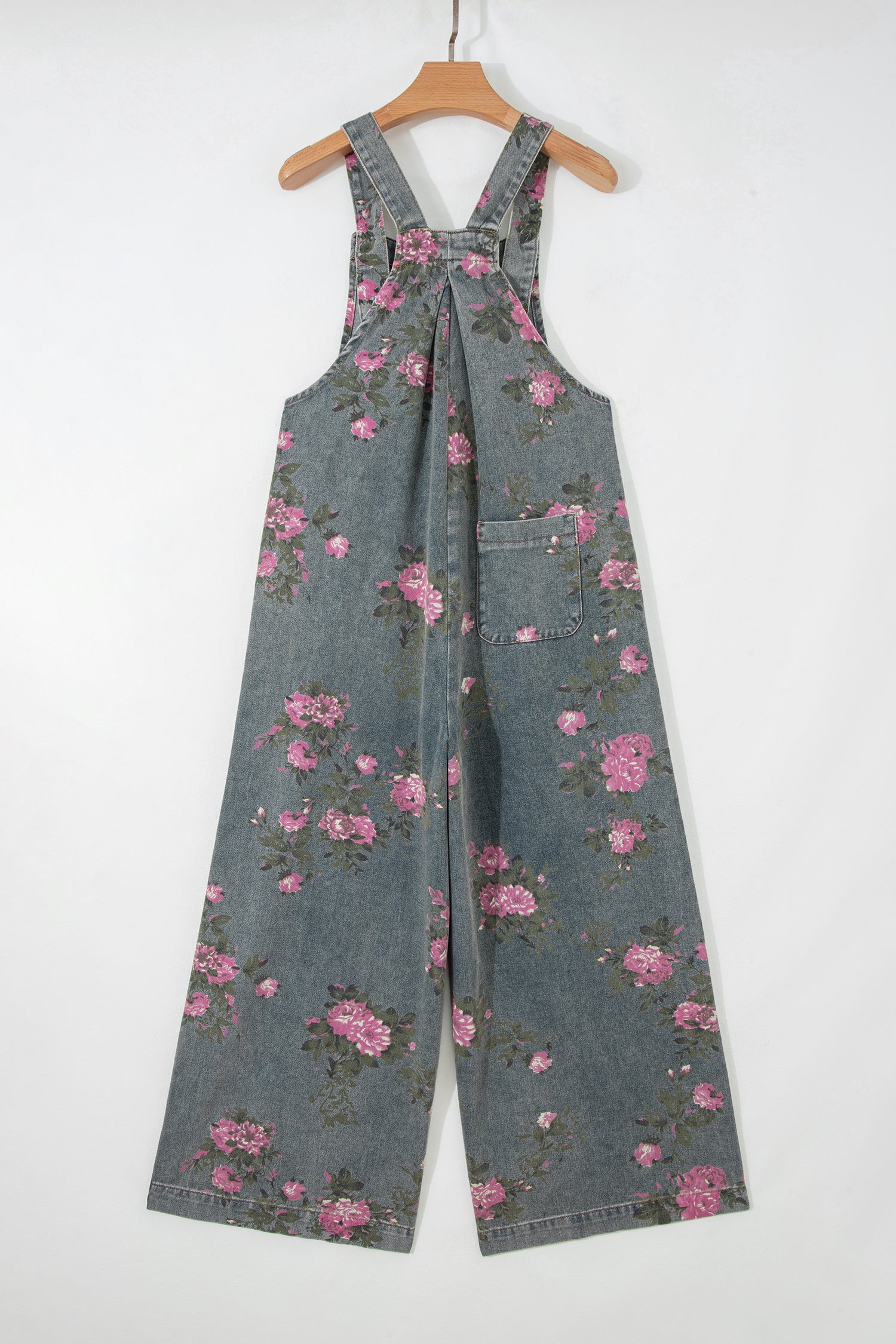 Floral Pleated High Waist Wide Leg Denim Jumpsuit