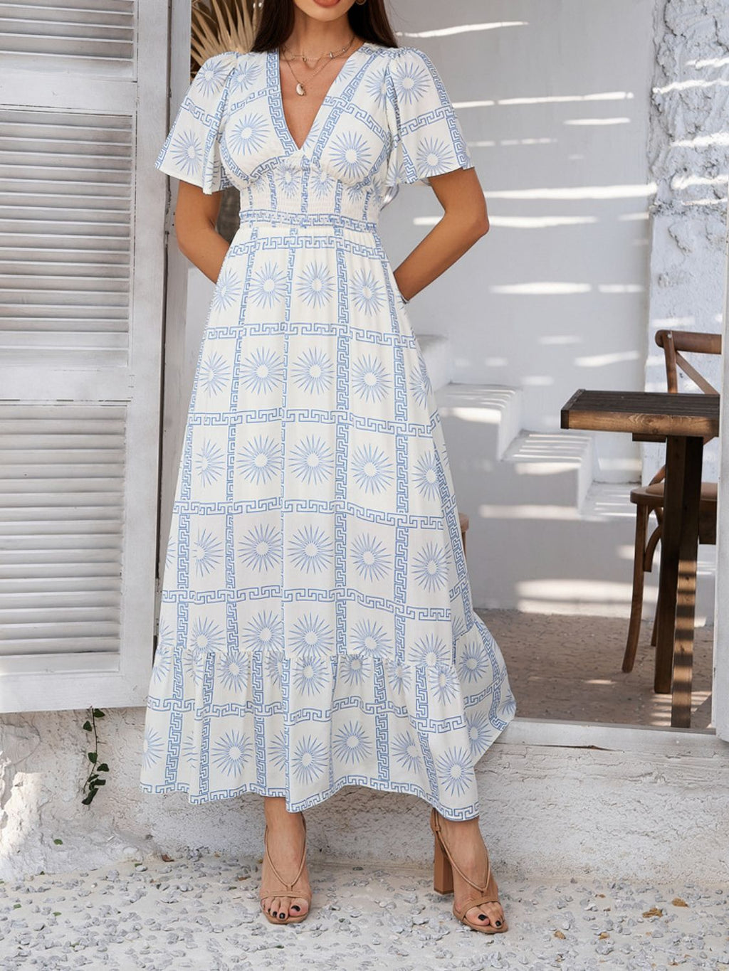Printed V-Neck Short Sleeve Maxi Dress with Smocked Detail