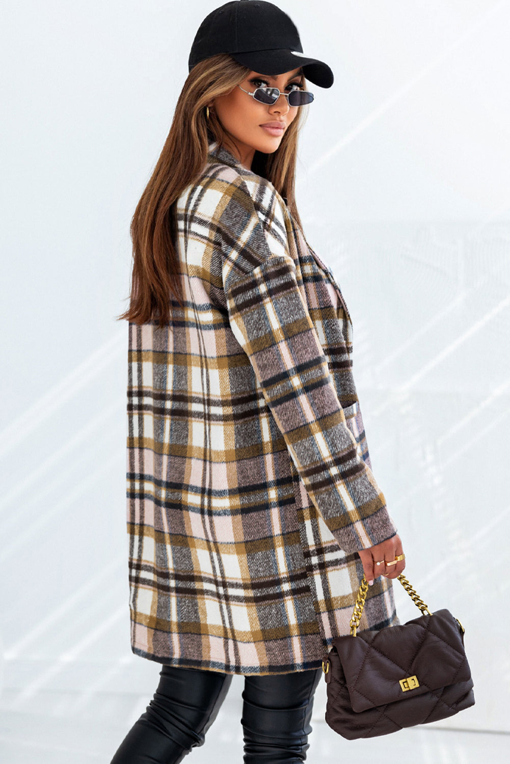Pink Plaid Button Up Lapel Jacket | Tunic Length Coat