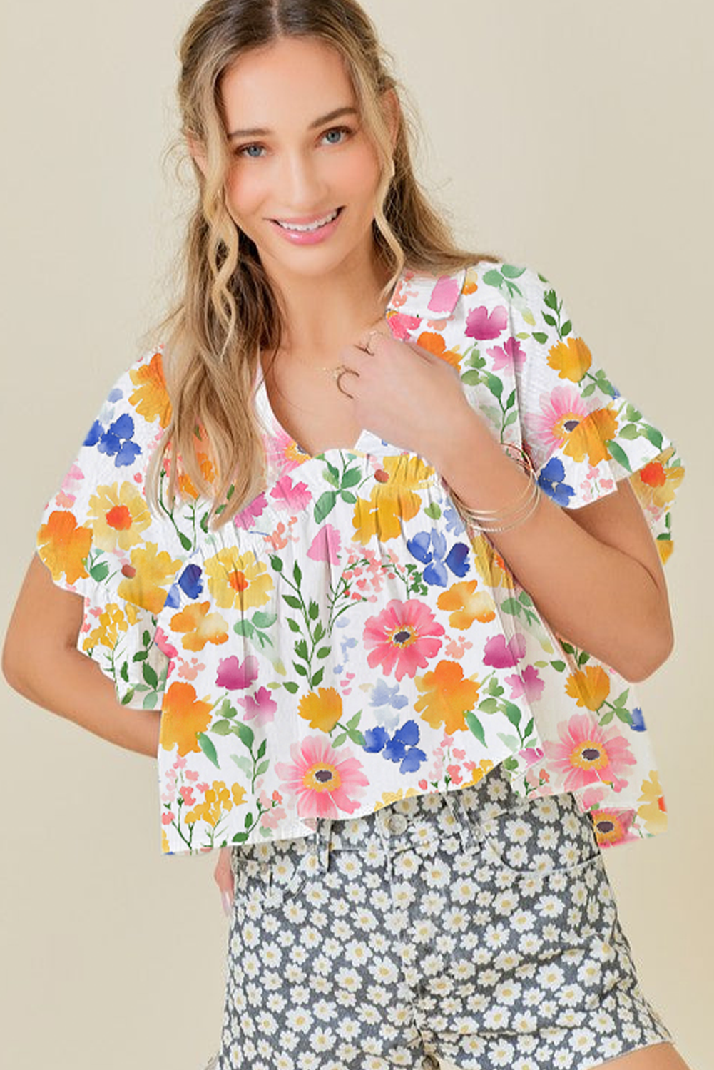 Yellow Floral Boxy V Neck Blouse with Ruffled Short Sleeves