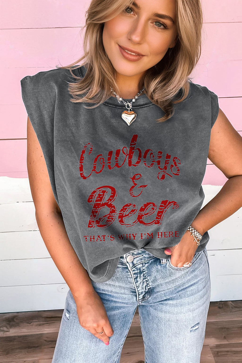 Smoke Gray Cowboy & Beer Western Graphic Mineral Wash Tank Top