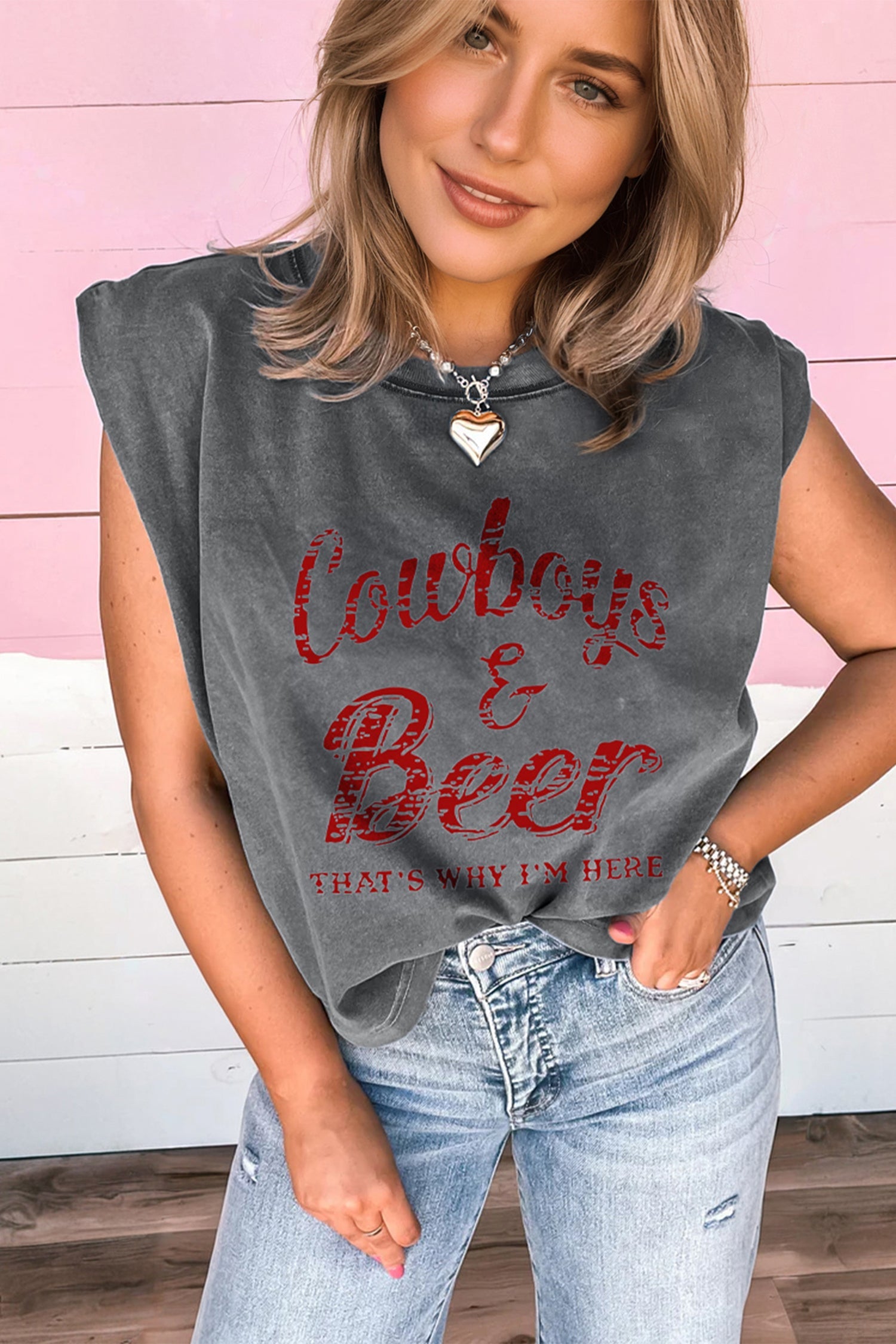 Smoke Gray Cowboy & Beer Western Graphic Mineral Wash Tank Top