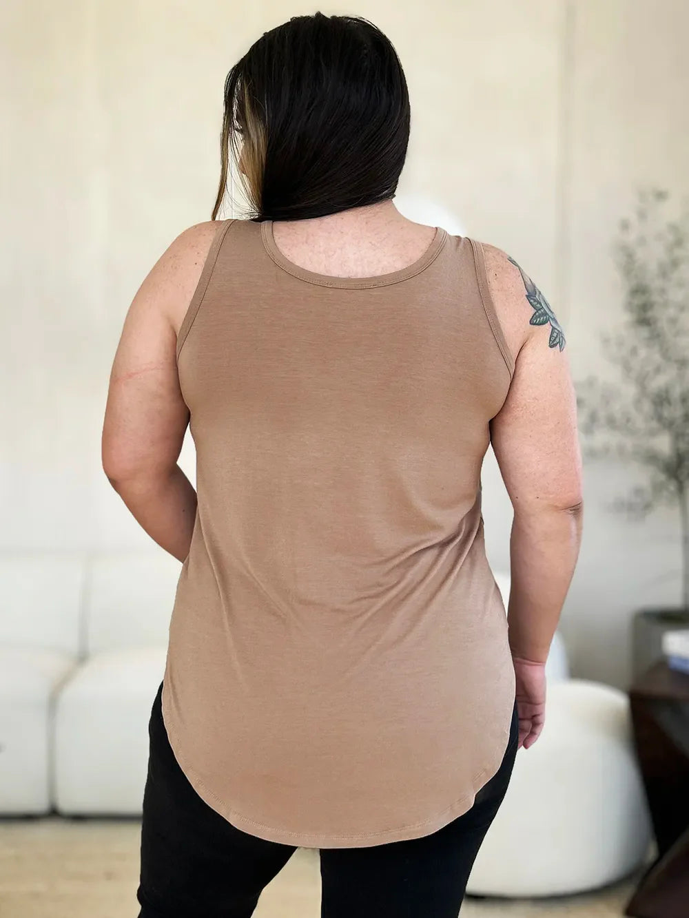 Round Neck Curved Hem Tank Top | Rayon Spandex Knit