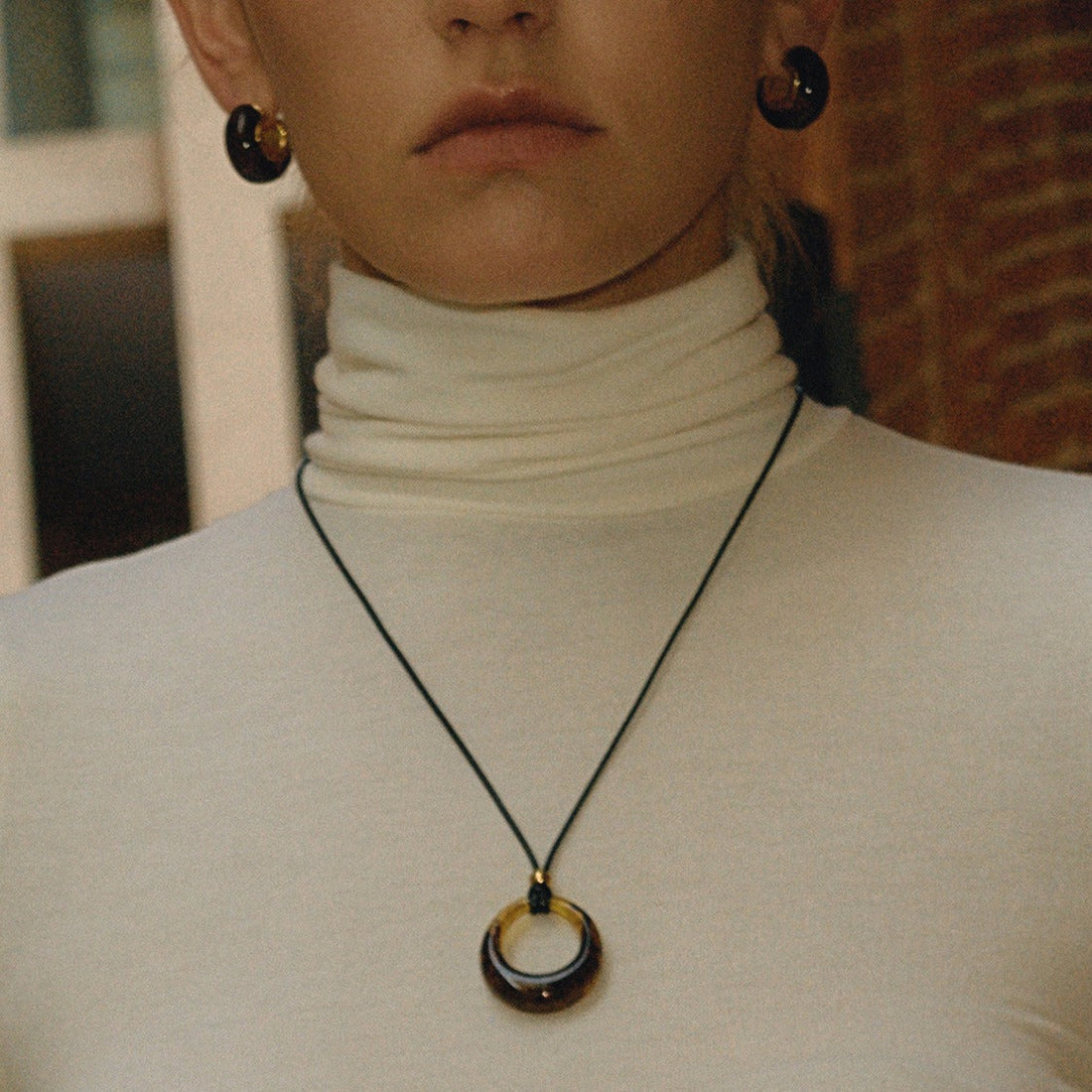Amber-Colored Resin Long Necklace with Minimalist Black Cord
