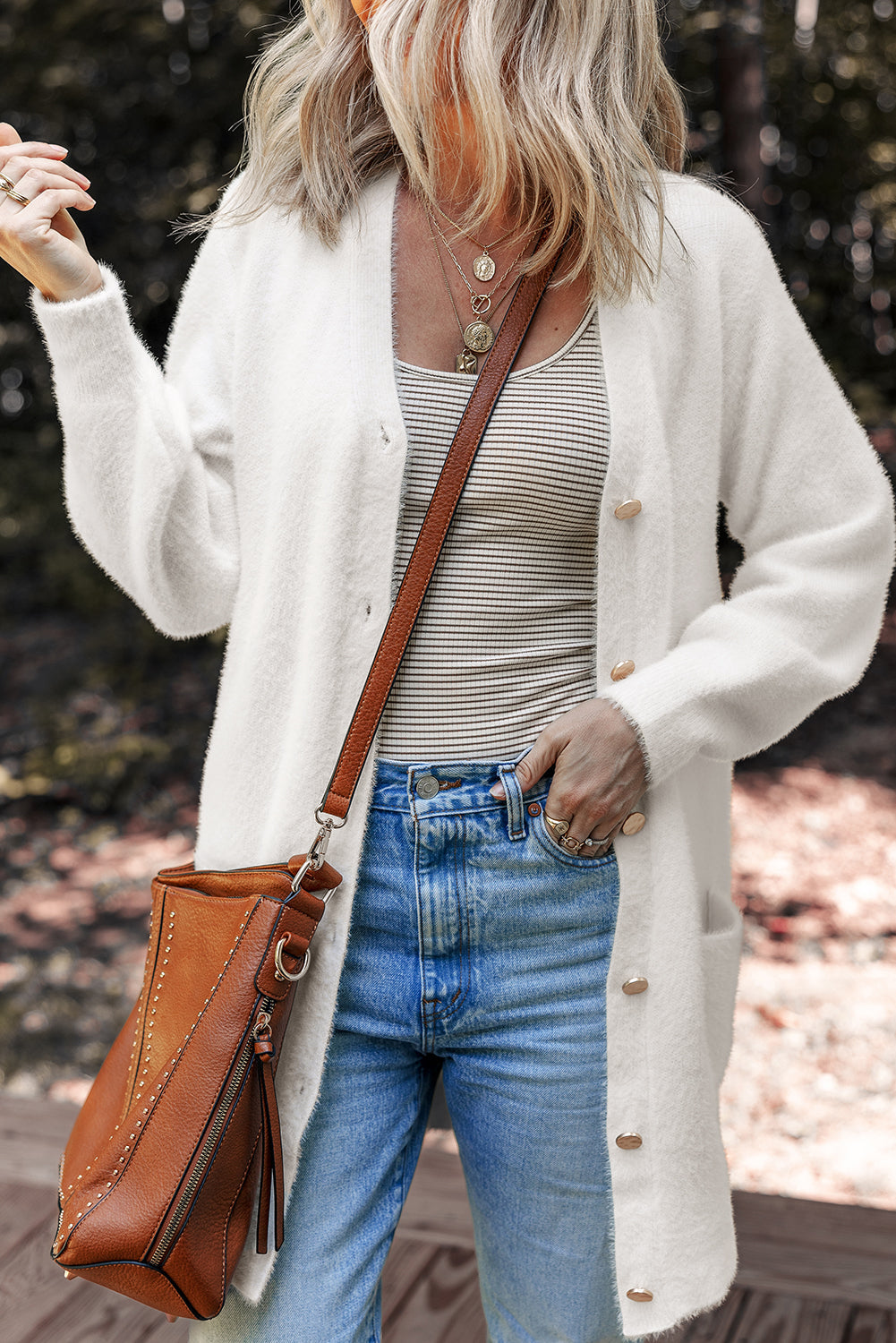 White Fuzzy Buttoned Front Midi Cardigan