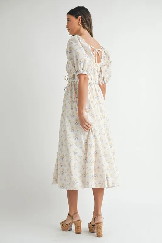 Floral Drawstring Puff Sleeve Midi Dress in White, Yellow, Blue