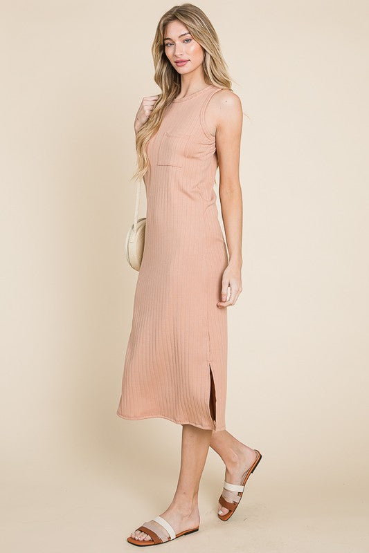 Ribbed Knit Sleeveless Midi Dress - Versatile Bodycon Style