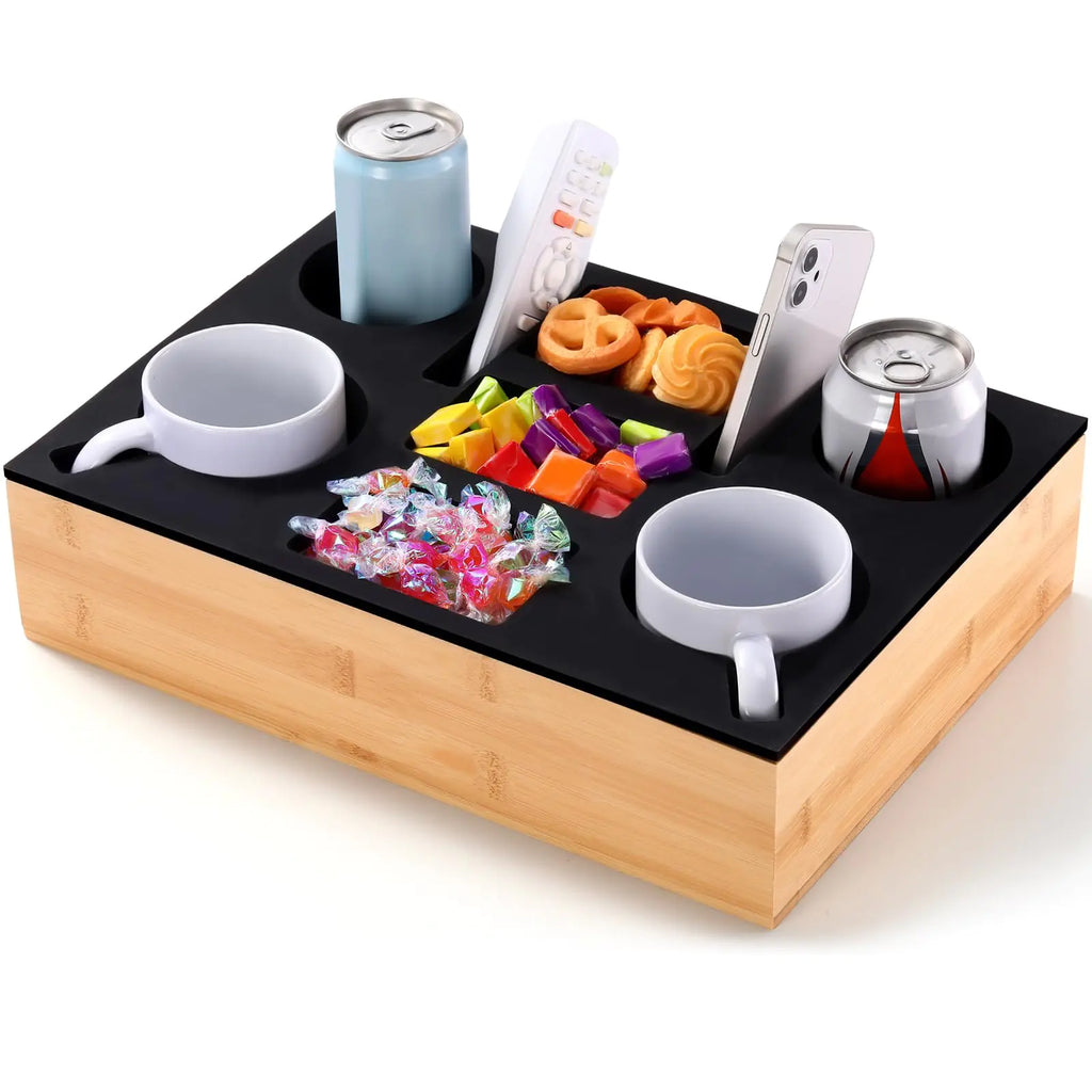 Yerliker Couch Cup Holder Tray Silicone Couch Caddy Waterproof Anti-Spill Sofa Cup Holder for Sofa Bed Car Seat Organizer Christmas Hold Mugs Drinks Snacks Phones Remotes(BlackBamboo)
