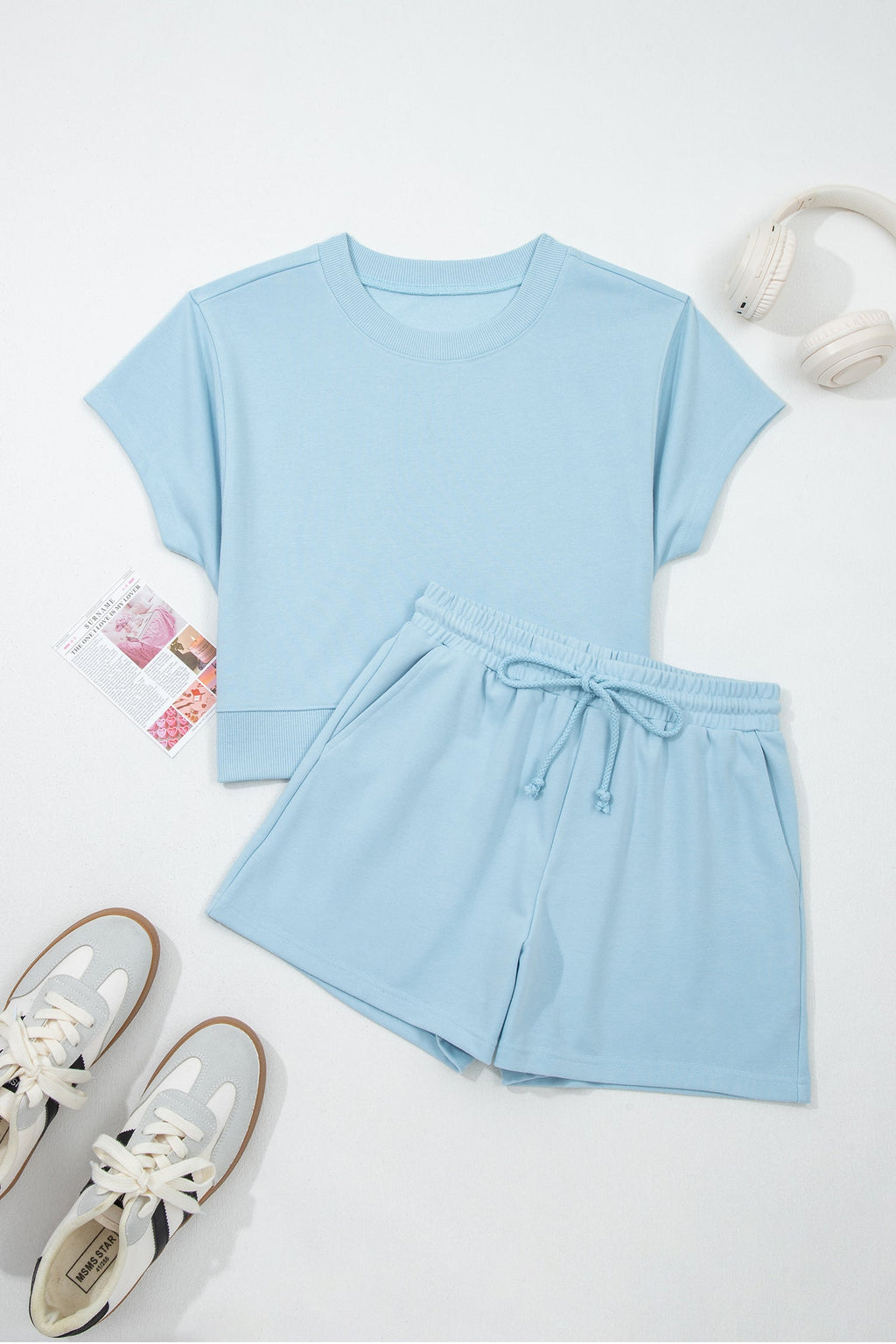 Women's Solid Loose Tee & Drawstring Shorts Loungewear Set