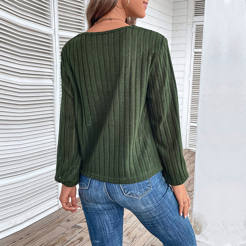 Women's V-Neck Long-Sleeve Knit Sweater in Olive Green