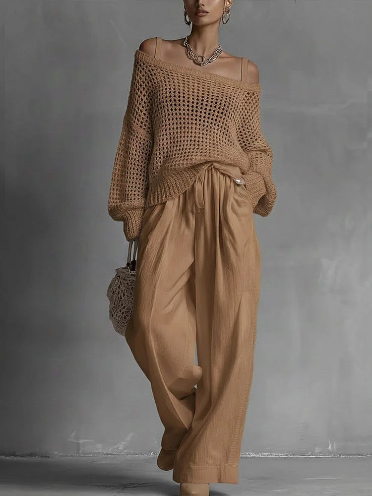 Women's Hollow-Out Knit Top and Wide-Leg Linen Pants Two-Piece Set - Image 6