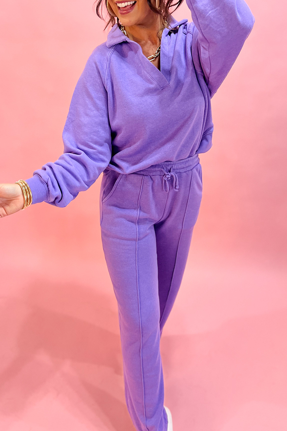 Women's Solid Collared Top and Central Seam Pants Loungewear Set