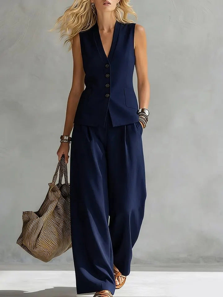 Women's Button-Down Vest and Wide-Leg Pants Two-Piece Set - Image 10