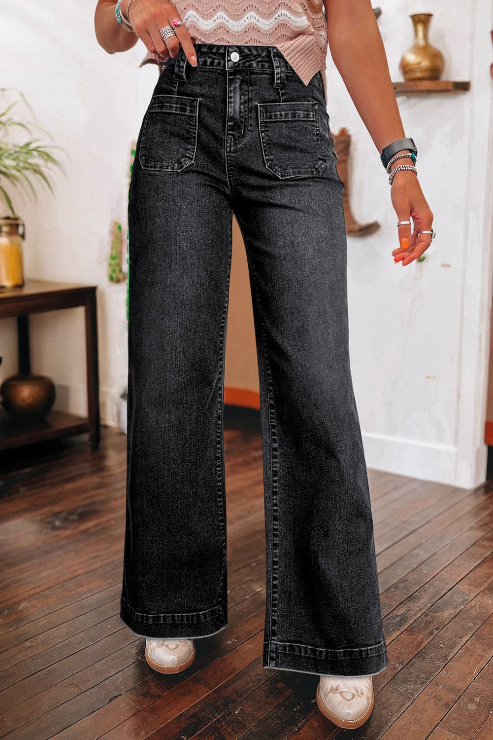 Denim Patch Pocket Wide Leg Jeans