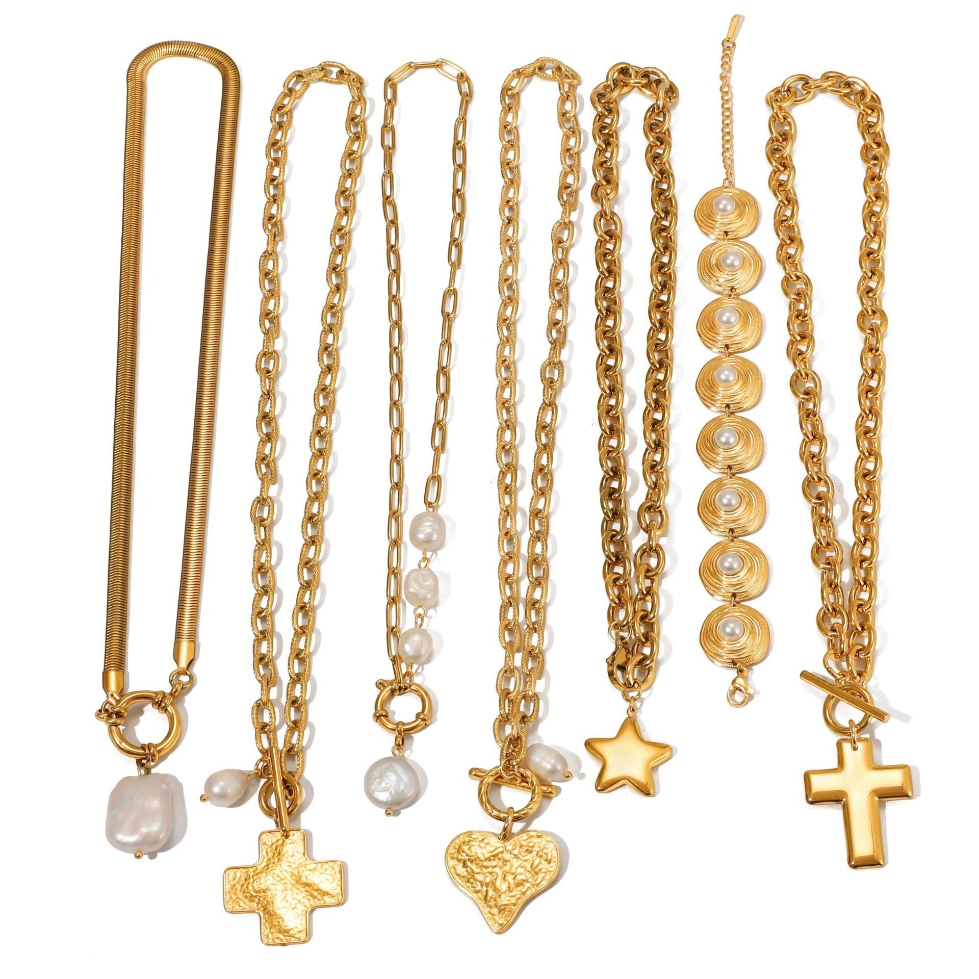 Elegant 18K gold and pearl sweater necklace styled for a luxury winter look.